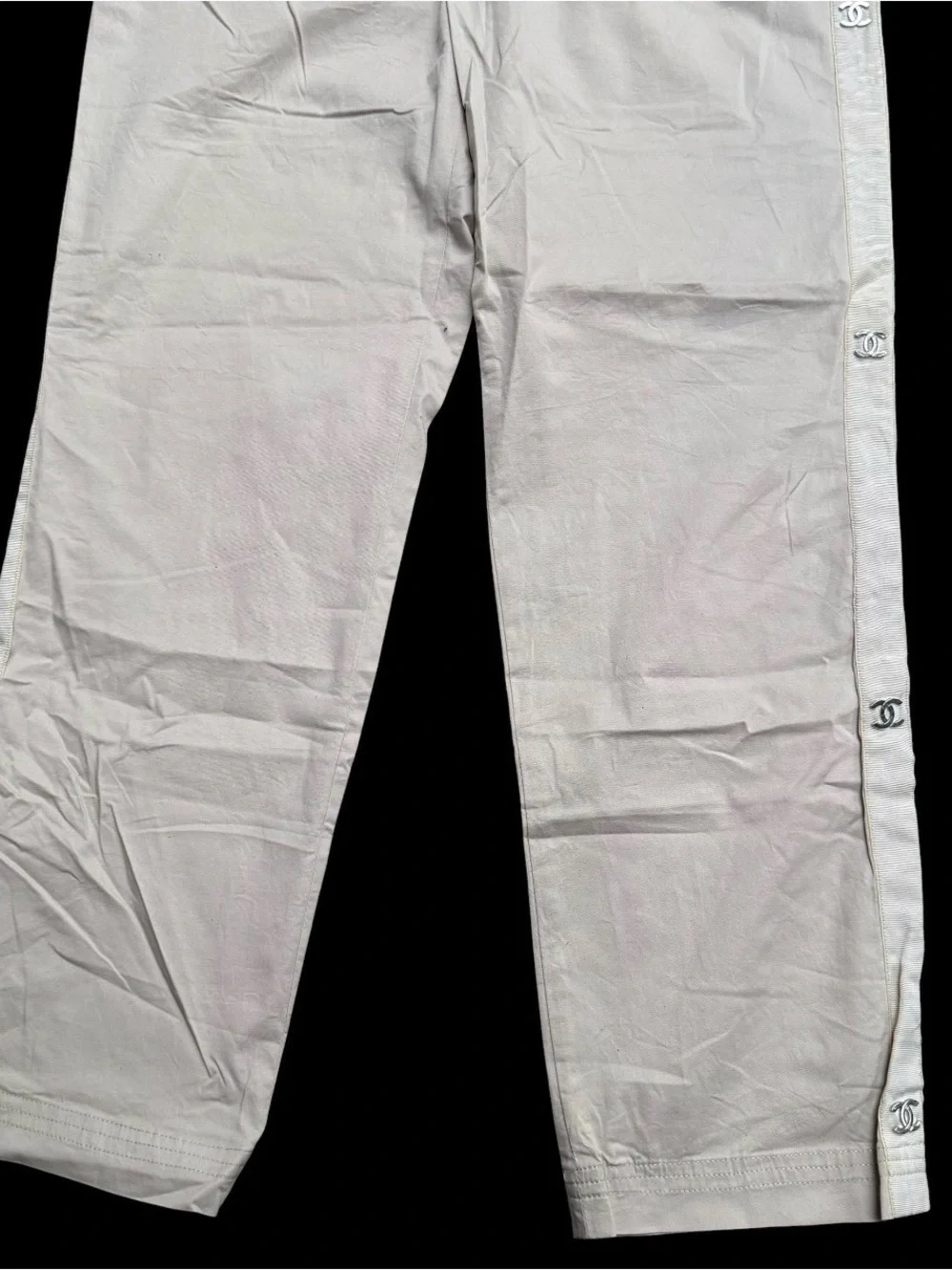 CHANEL VINTAGE KHAKI ANKLE TRACK TROUSERS-SIZE 40-MINT CONDITION